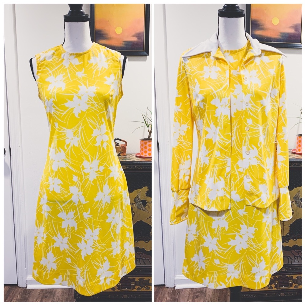 Vtg 70’s Yellow Mod Floral Two Piece Dress Set by Kenny Classics Like NEW Sz M/L